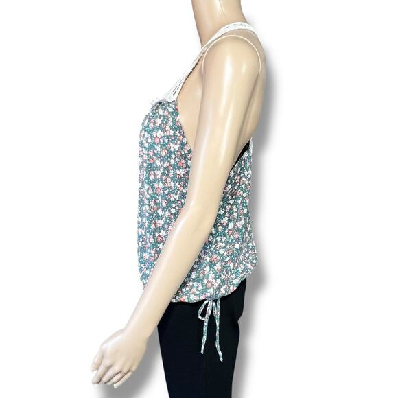 Forever 21 Womens Tank Top Crochet Scoop Neck Floral Print Green Pink Large - Picture 5 of 8